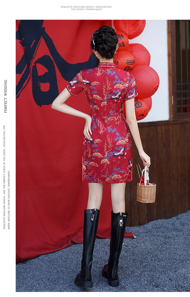 Red Chinese Style Modern Cheongsam Summer New Improved Stitching Short Women's Qipao Dress - Seprincess