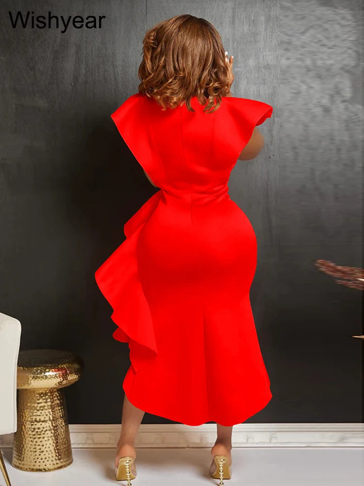 Sexy Flare Short Sleeve High Side Split Ruffles Bodycon Midi Dress Women Autumn Evening Wedding Party Birthday Vestidos Elegant - Seprincess