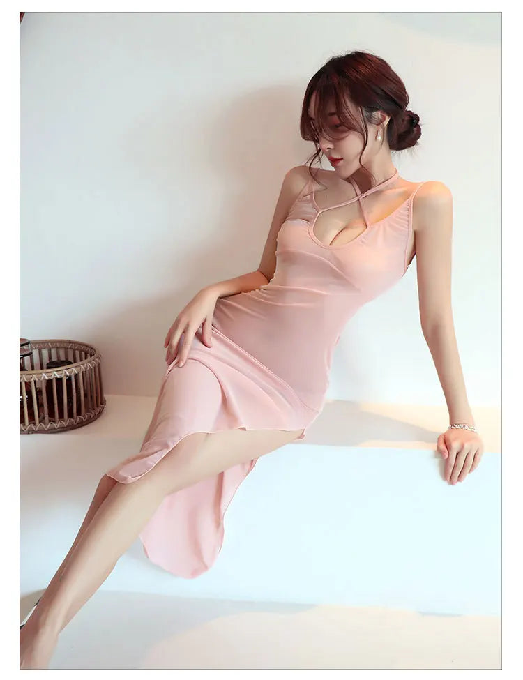 Dress Strap see through mesh long skirt Sexy costume open crotch Party dresses women dresses Autumn dress - Seprincess