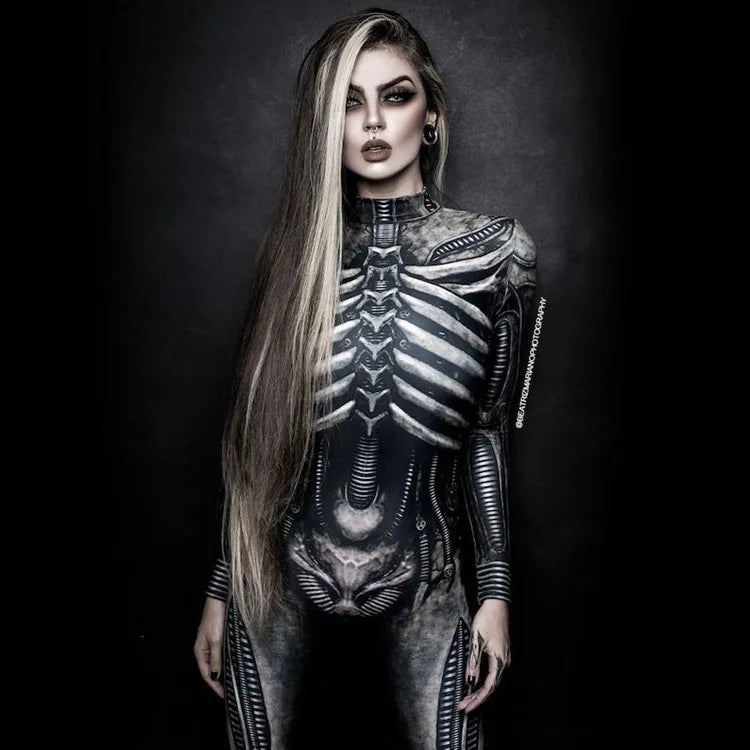 Women Clothing Long Sleeve 3D Printed Halloween Carnival Horror Human Skeleton Cosplay Costumes Tight Jumpsuit Zentai Bodysuit - Seprincess