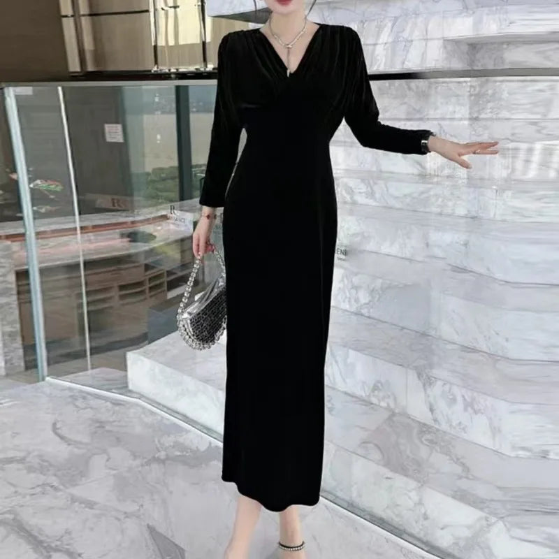 Women Vintage Gold Velvet Ruched Bodycon Elegant Evening Party Dresses Sexy V Neck Split High Waist Long Sleeve Maxi Dress Robe - Seprincess