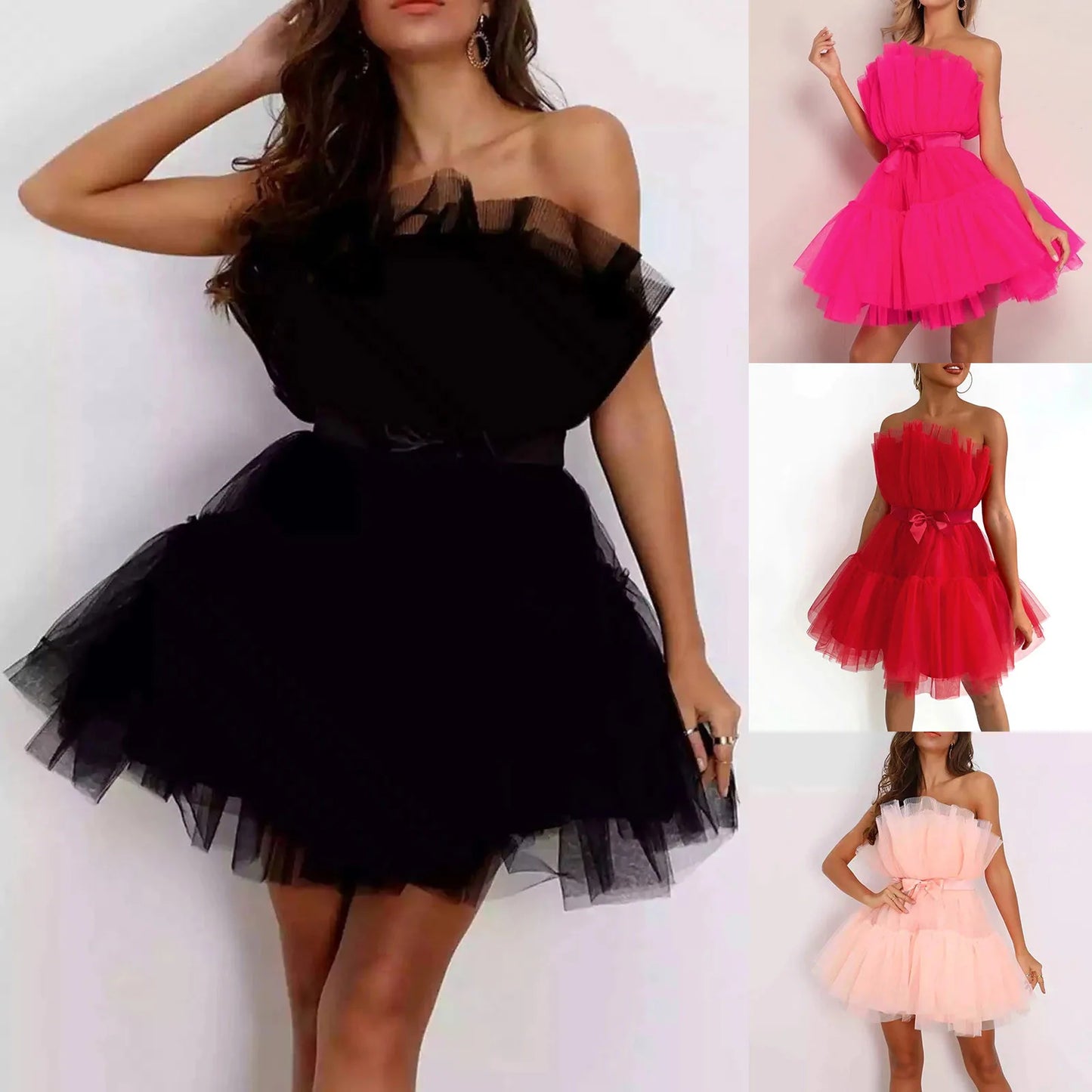 Tulle Dress Women Short Puffy Prom Dress Strapless Mesh Birthday Fairy Dresses Ruffle Cocktail Dress for Women Wedding Long - Seprincess