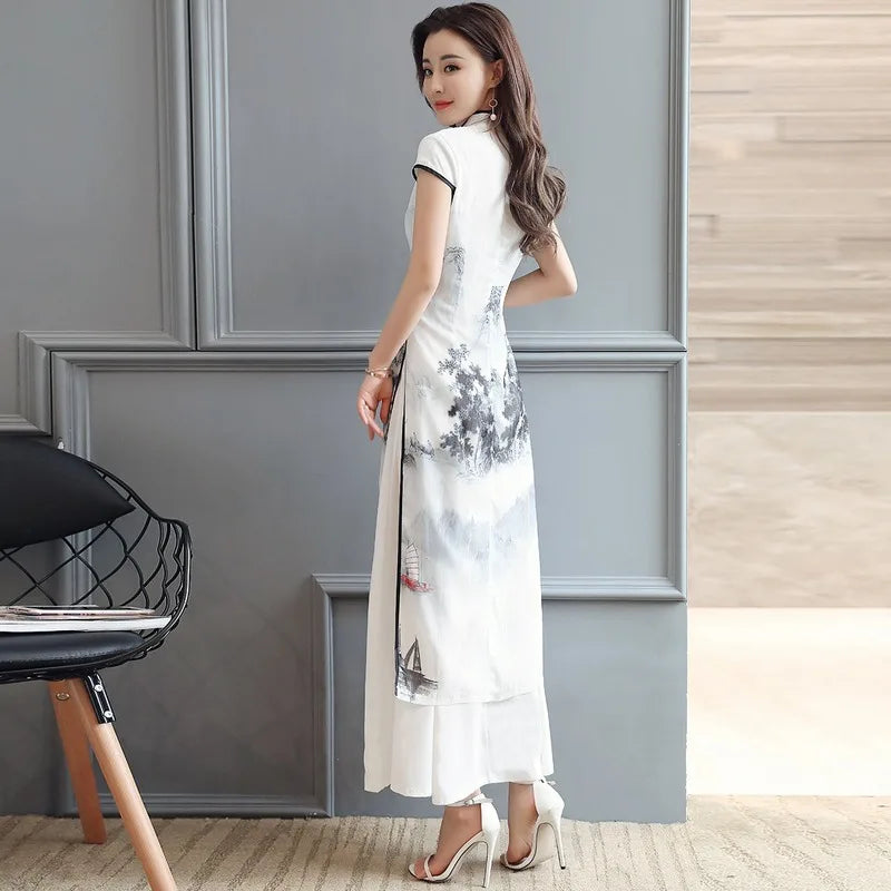 Women Chinese Traditional Hanfu Landscape Painting Cheongsam White Dance Dress Qipao Chiffon Robe Vintage Chinese Style Dresses - Seprincess