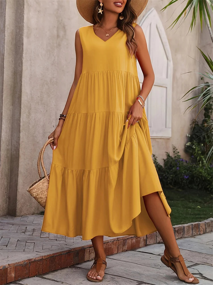 Y.KUKU 2024 Women Dress Summer Casual Brand Vacation Holiday Beach Long Dresses V-neck Loose Elegant Yellow Dress Femme - Seprincess