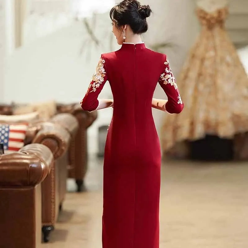 Burgundy Wedding Cheongsam Engagement Dress New Chinese Qipao Toast Clothes Retro Mandarin Collar Improved Sexy Slit Slim Dress - Seprincess