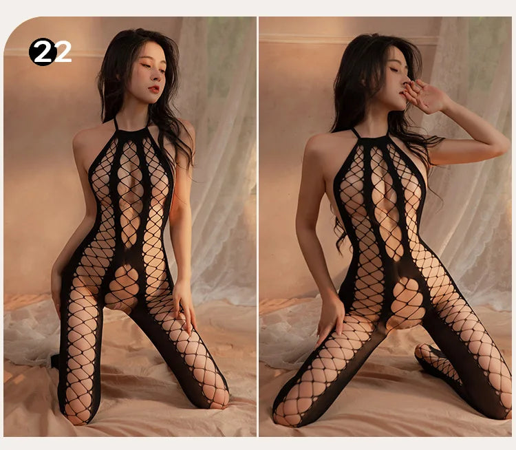 Women Sexy Crotchless Erotic Lingerie Porn Fishnet Mesh Bodysuit Female Stretch Open Crotch Porn Teddy Hollow Out Bodystockings