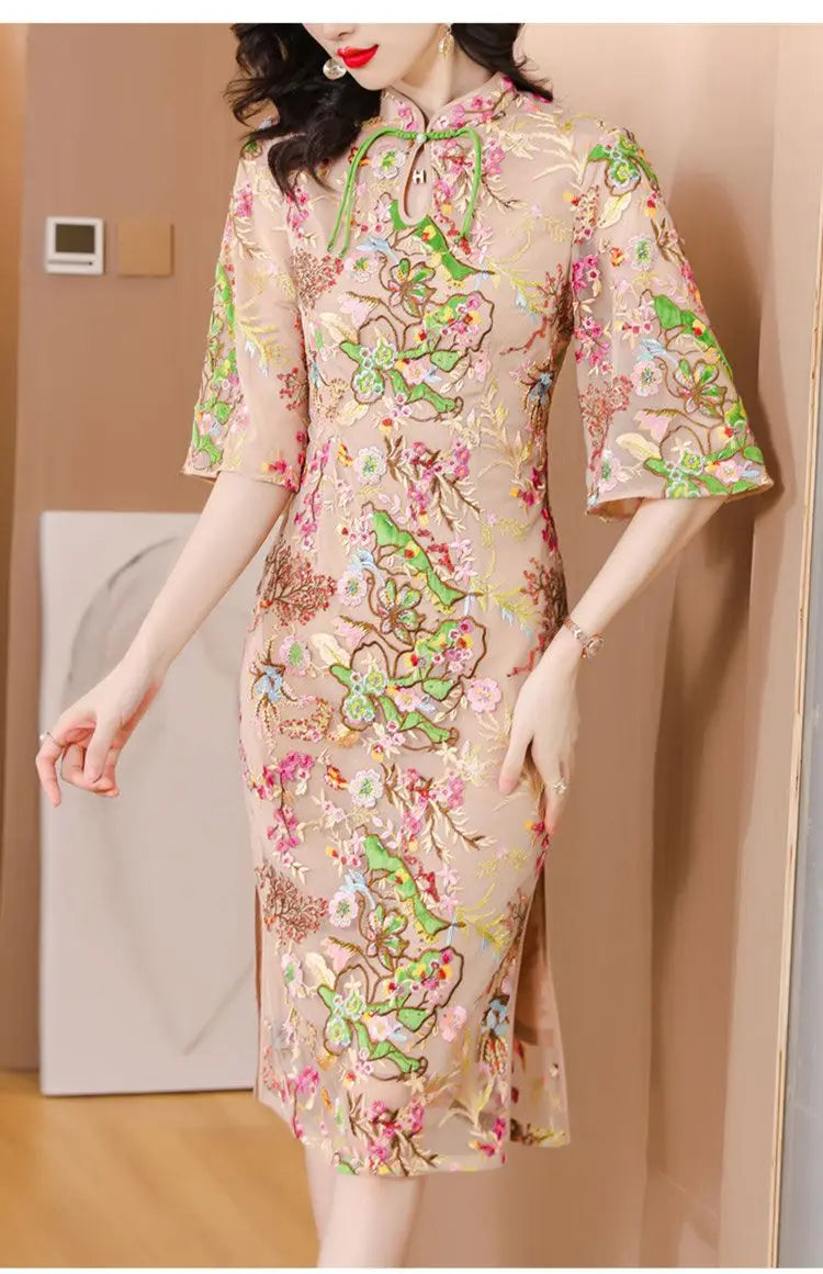 2024 new chinese improved elegant cheongsam woman summer national style gauze retro slimming embroidered half sleeve qipao dress