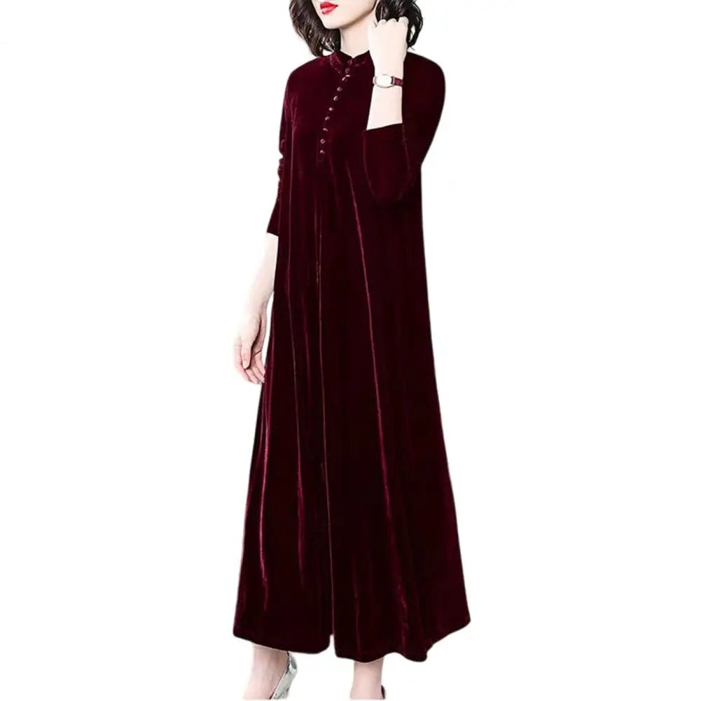 Spring Autumn Women Dress Solid Color Long Sleeves Button Female Maxi Dress Keep Warm Velvet O Neck Mid-calf Length Lady Dress - Seprincess