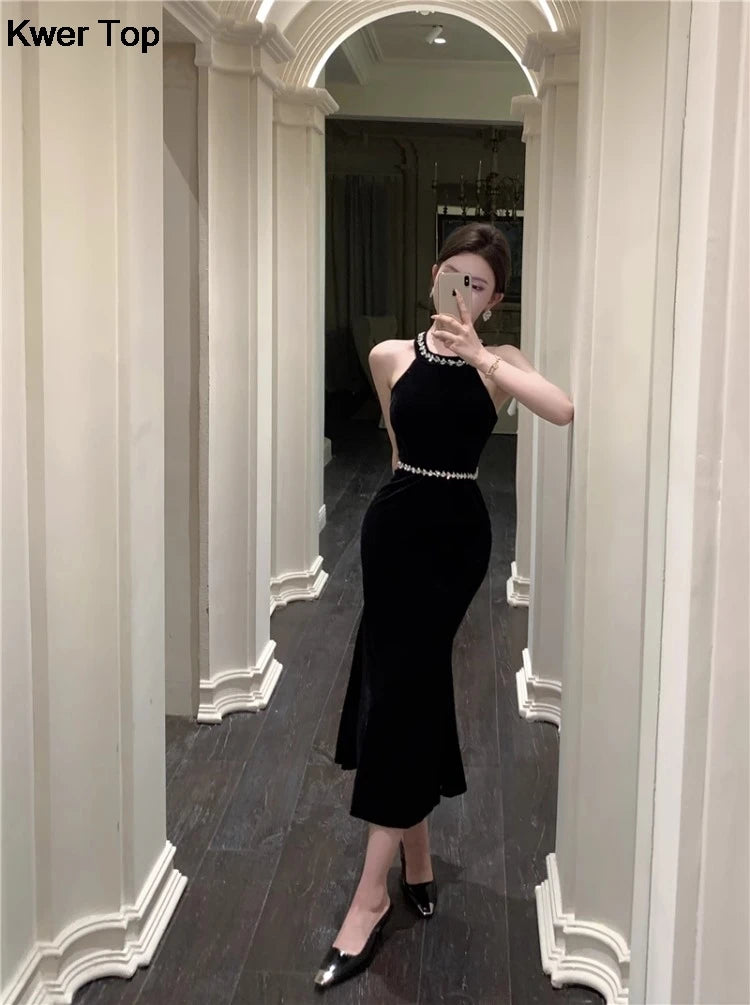 Woman Sexy Backless Bow Black Mermaid Dresses French Vintage Temperament Party Dress Ladies Chic Luxury Velvet Robe - Seprincess