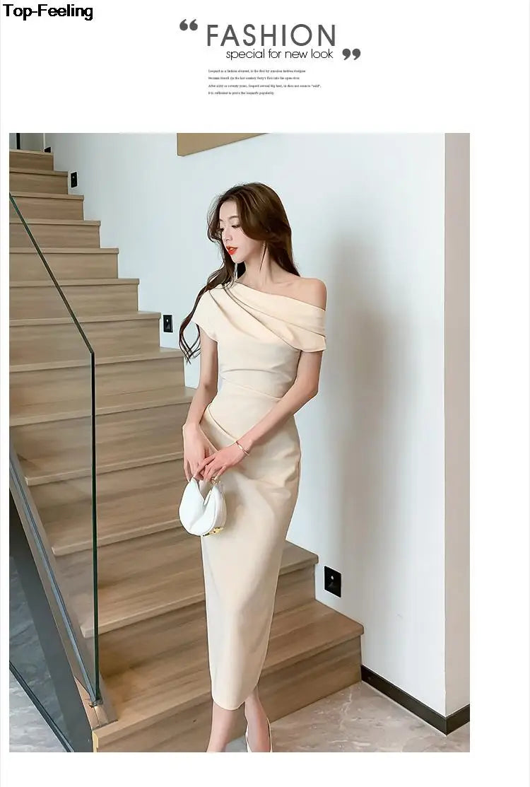 Elegant Off Shoulder Evening Party Dresses Women Summer Fashion Slim One Piece Solid Vestidos Korean Graduation Robe Clothing