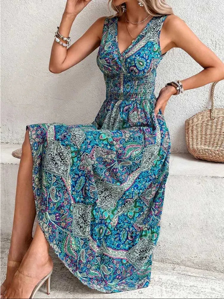 Fashion Sleeveless Maxi Boho Dress Women 2024 Summer Print Elastic Waist Bohemian Elegant Tank Long Dresses For Women Robe Femme - Seprincess