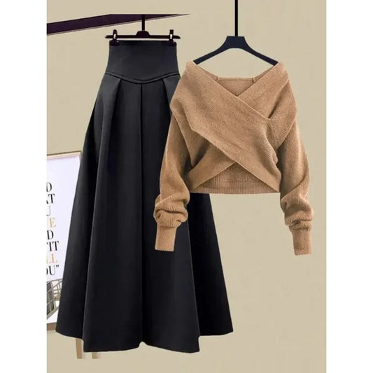 Autumn Winter Skirt Sets For Women Outfits Korean Casual Knitwears Pullover Sweater And High Waist Skirts Two Piece Sets N432 - Seprincess