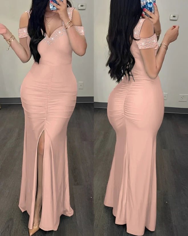 Elegant Evening Party Dresses for Women Rhinestone Cold Shoulder Slit Ruched Party Dress New Fashion 2023 Female Clothing - Seprincess