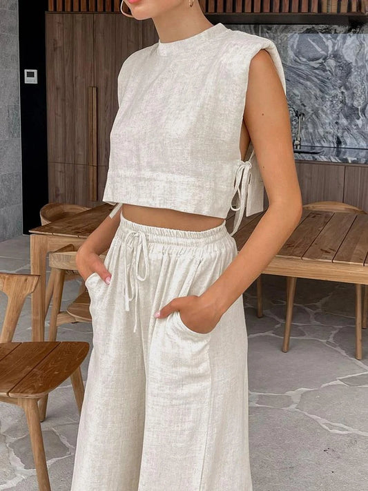 Women Holiday Linen Pant Set Crop Tops Solid Outfits 2 Two Piece Matching Set for Women Sleeveless Casuals Fashion Summer 2023 - Seprincess