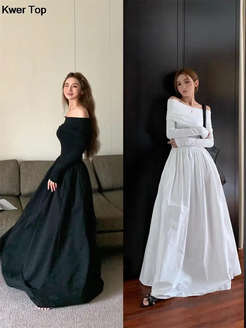 Y2k Fashion Evening Party Maxi White Dress Women Korean Off Shoulder Long Sleeve Birthday Robe Autumn Streetwear Corset Clothes - Seprincess