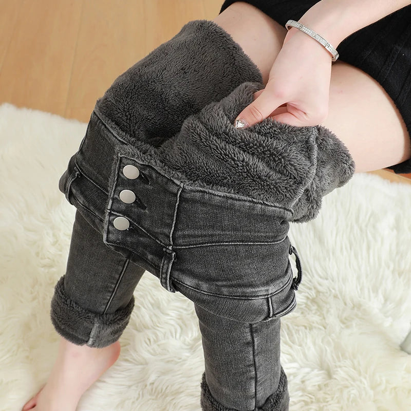 Black Fleece Warm Women Winter Jeans Thickened High Waist Multi-button Skinny Stretch Denim Pants Fashion Korean Female Trousers