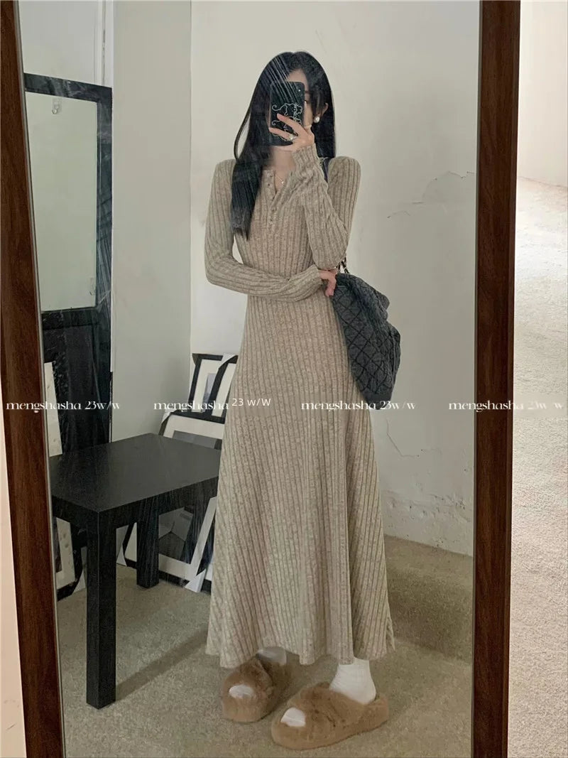 Vintage Versatile Knitted Long Sleeve Dress Women's Slimming A- line Skirt Autumn/winter Waist-fitted Long Dress - Seprincess