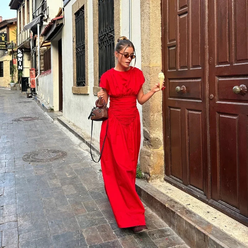 Women Red Irregular Pleated Wrap Waisted Maxi Dress Elegant O Neck Sleeveless Slim Long Dresses Chic Lady Party Street Robes - Seprincess