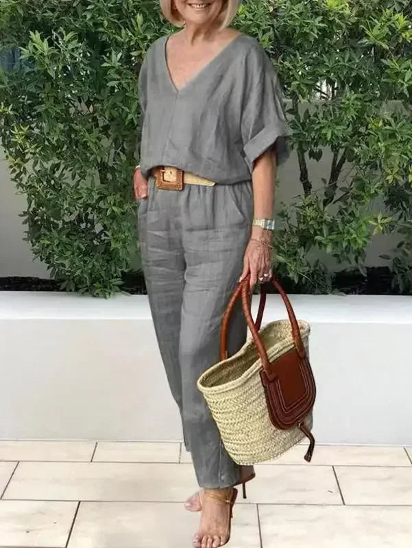 2024 Spring Cotton Linen Women's Tracksuit Suit V-neck Top Drawstring Casual Long Pants Set Female Trendy Fashion Ladies Clothes - Seprincess