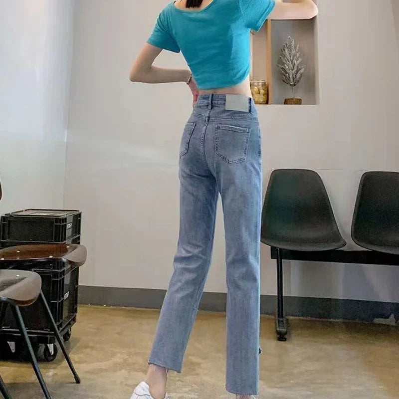 Pearl with Decorations Trousers Blue Cropped Straight Leg Women's Jeans Black and Capris High Waist Shot Short Japanese Y2k A R