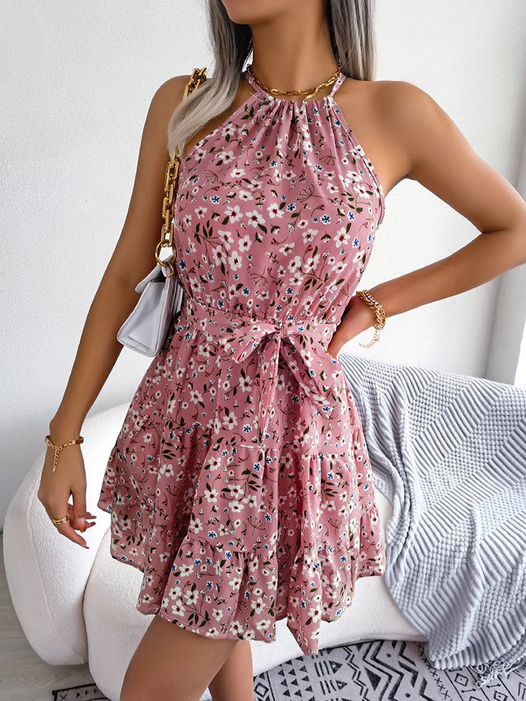 Short Womens Dresses Casual Sleeveless Bandage Ruffle Vacation Beach Dress Fashion Summer Pink Floral Clothes Women 2024 - Seprincess