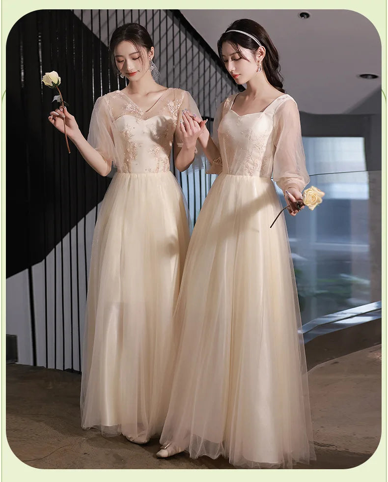 Champagne Bridesmaid Dress Women's Sweet Tulle Embroidery New Temperament Sisters Evening Dresses A-Line Wedding Party Gown - Seprincess