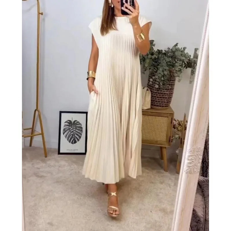 Women's Elegant And Fashionable Round Neck Sleeveless Pleated Long Dress In Solid Color Beige With Pockets, Oversized Long Skirt - Seprincess