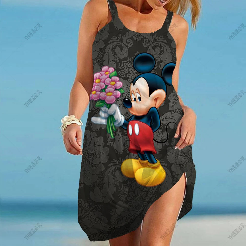 Disney Minnie Mickey Mouse Women Dresses 3D Dye Print Fashion Sleeveless Summer Halter Casual Sexy Dress Loose Kawaii Dress - Seprincess