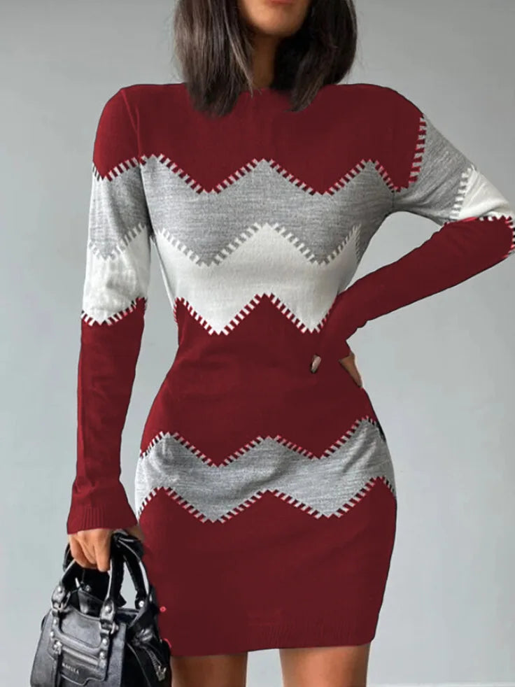 Elegant Women's Short Dress 2024 Spring Autumn Fashion Print Knitted Mini Dresses Tight Wrap Hip Long Sleeve Dress for Women - Seprincess