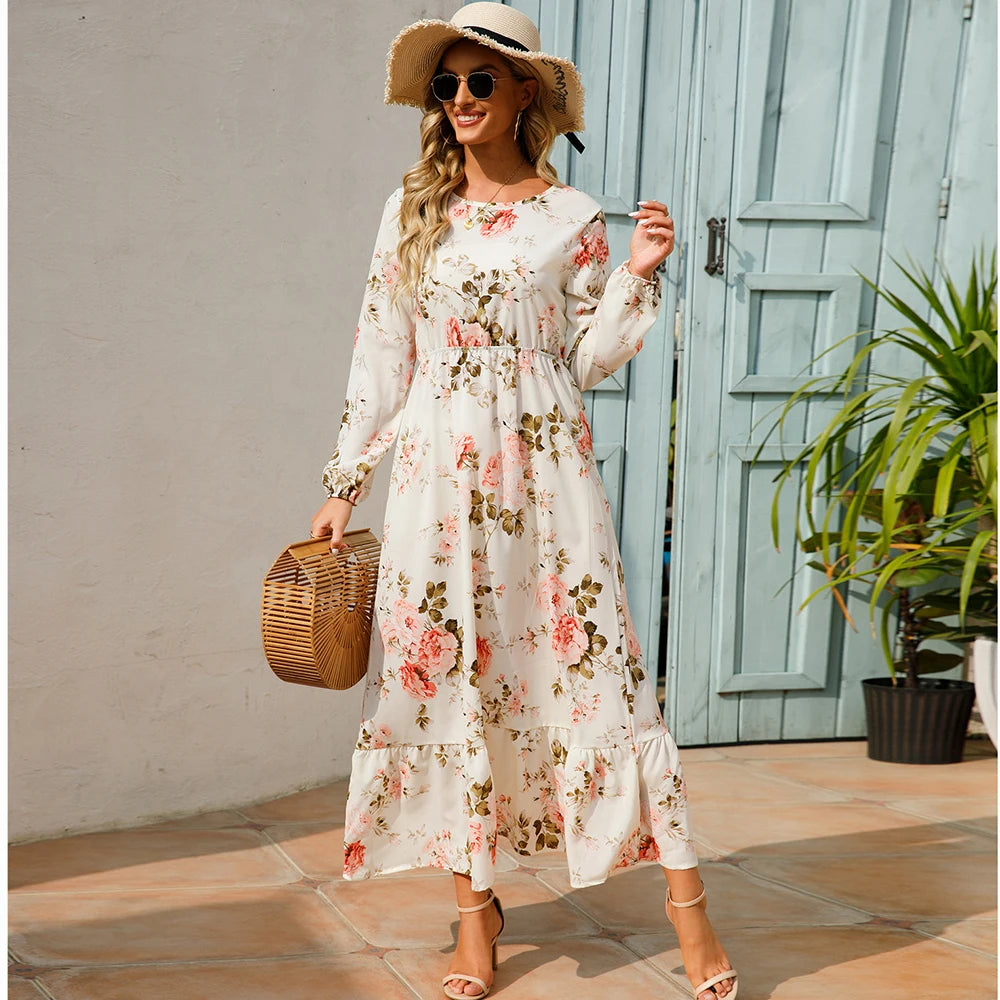 Women Maxi Dresses Sping Autumn Bohemian Casual Full Sleeve High Waist Beach Woman Chiffon Dresses Floral Vestidoes Long Dress - Seprincess