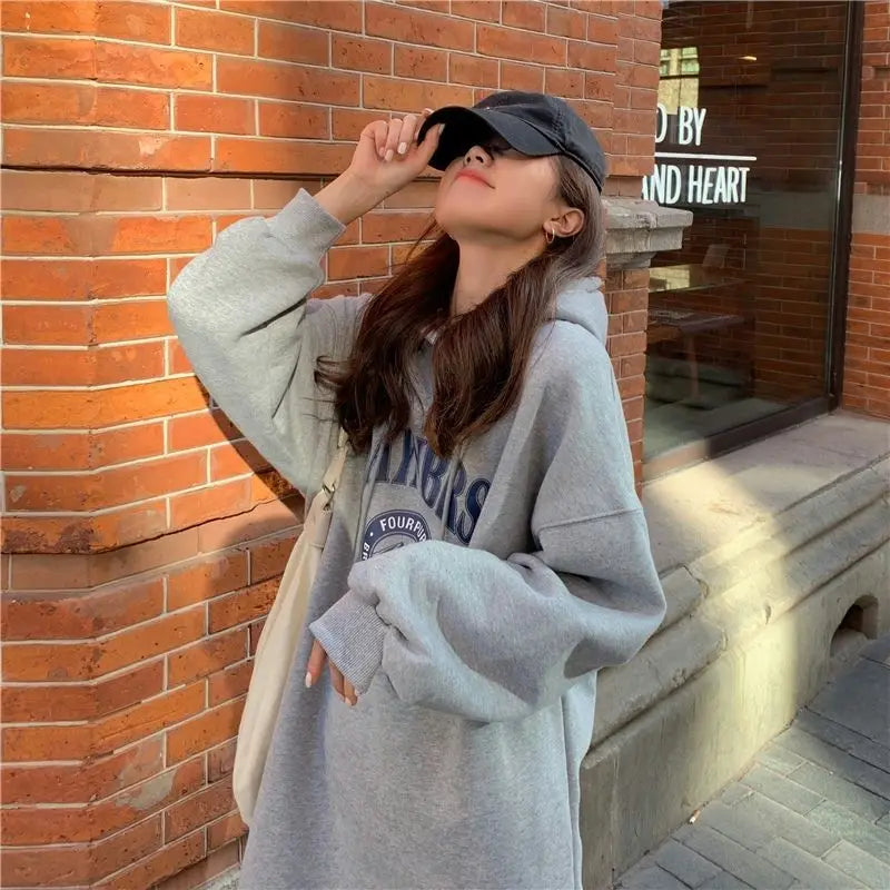 Autumn Winter Women Fleece Thicken Hooded Dress Print Letter Drawstring Korean Fashion Loose Midi Side Slit Oversized Dresses