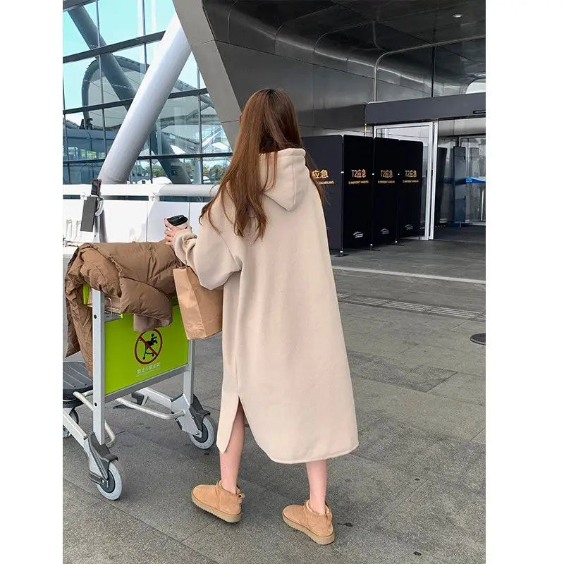 Autumn Winter Women Fleece Thicken Hooded Dress Print Letter Drawstring Korean Fashion Loose Midi Side Slit Oversized Dresses - Seprincess