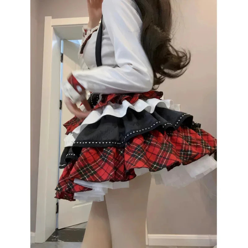 Plaid Patchwork Design Y2k Lolita Dress Sets Halloween Uniform Kawaii Mini Skirt Cosplay Anime Three Pieces Suit For Women - Seprincess