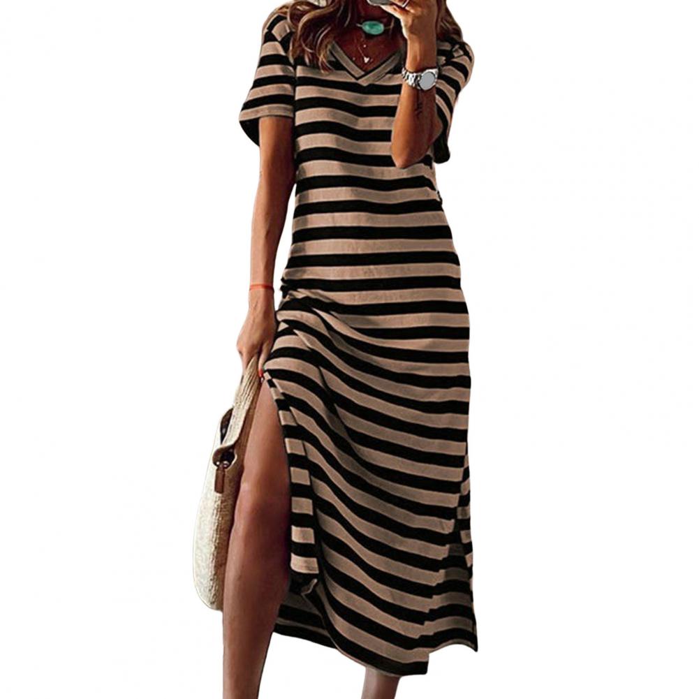 Summer Dresses 2023 Woman Plus Size Dresses For Women Casual Stripe Print V-neck Short Sleeve Loose Long Dress Robe Femme - Seprincess