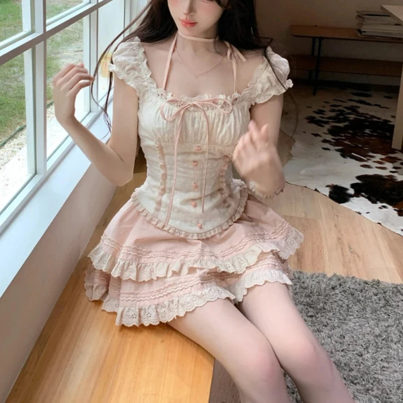 Japanese Kawaii 2 Piece Skirt Sets Women Casual Evening Party Clothing Vintage Lolita Suits Dress Female Chic Outwear Sweet - Seprincess