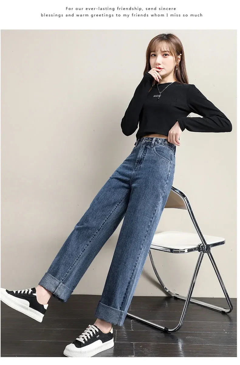 Multi-Button Wide-Leg Women's Jeans New Style Adjustable High-Waisted Straight-Leg Long Pants Loose Fit Niche Style