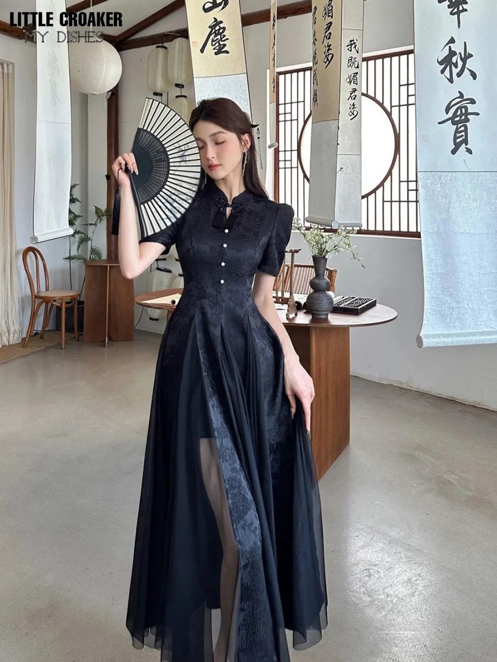 Women Fashionable New Cheongsam Black Advanced Mysterious Dress Qipao Improvement New Chinese Style Elegant Dress Summer - Seprincess