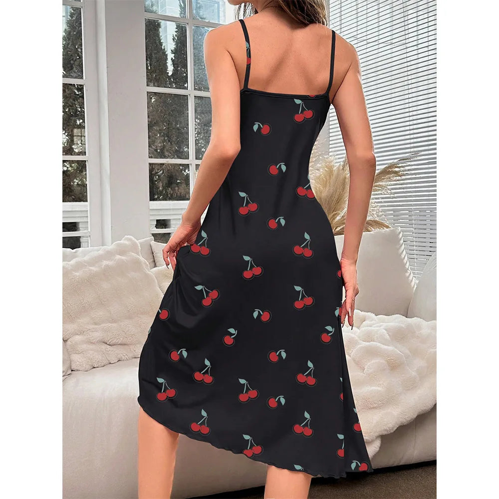 Cross-border foreign trade cherry print medium and long dress, nightdress, sexy and comfortable loungewear women - Seprincess