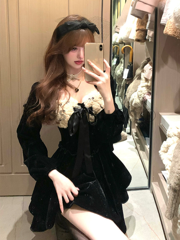 French Hepburn Elegant One Piece Dress Women Black Vintage Chic Party Dress Female Korean Fashion Sexy Lolita Dress 2023 Winter - Seprincess