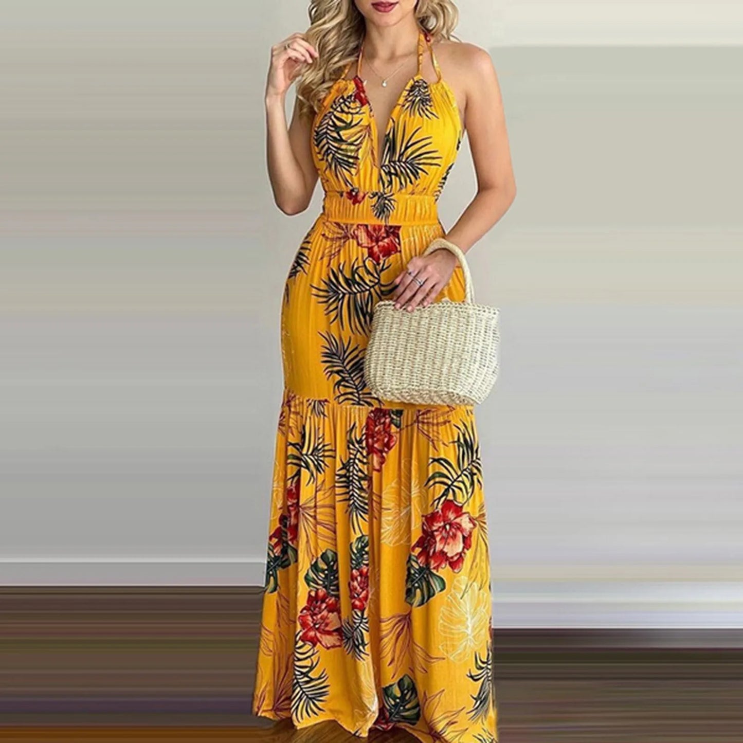 Summer Boho Dress Y2k Cloth Women Floral Print Backless Maxi Dress Elastic Waist Halter V Neck Long Robe Long Dresses Vacation - Seprincess