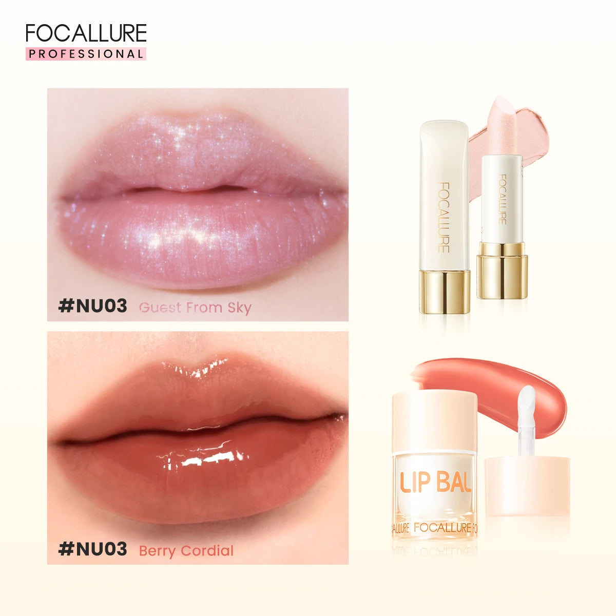 FOCALLURE 2 Pcs Lip Gloss Diamond Lipstick Non-sticky Liquid Lipstick Set Moisturizing Lip Blam Lips Makeup Cosmetics