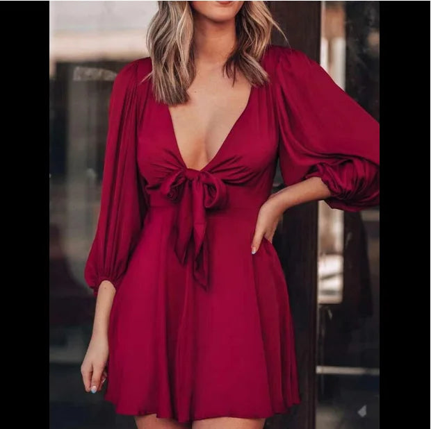 2022 New Women's Mini Satin Puff Sleeve Plunge Tie Front Dress Solid Bow Spring Summer Party Casual Chic Sexy V Neck Dress femme - Seprincess