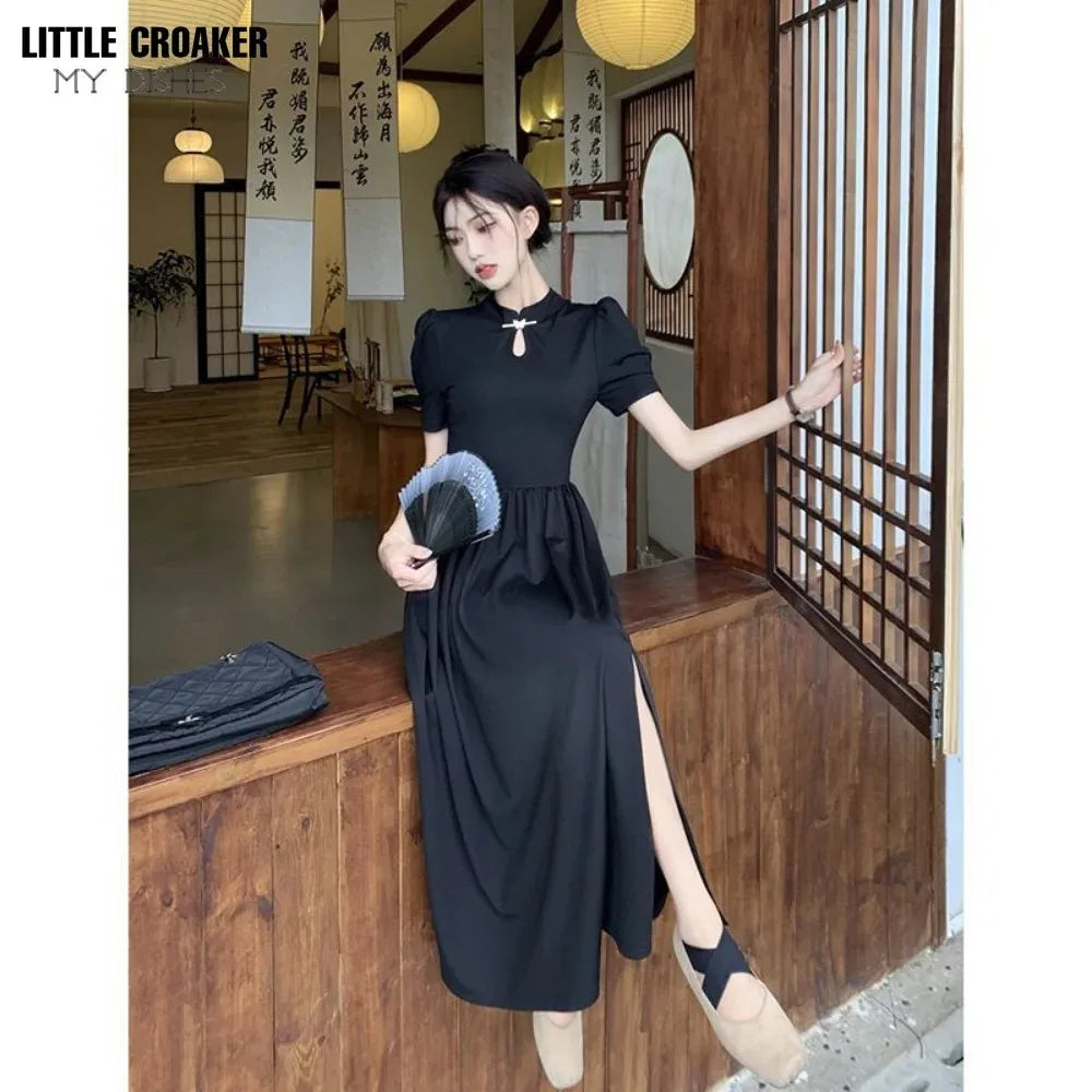 New Chinese Style Improved Cheongsam Dress New Summer Qipao Temperament Black Large Swing Split Midi Qi Pao Dress Woman - Seprincess