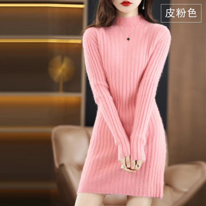 Women's High Collar Winter Warm Long Sleeve Solid Mink Cashmere Korean Version Loose Luxury Soft Cashmere Knitted Fit Dress - Seprincess