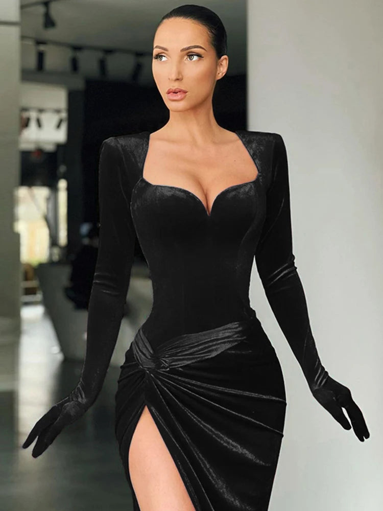 Cryptographic Elegant Gown Long Dress Evening Club Outfits for Women Gloves Sleeve Velvet Sexy Slit Maxi Dresses Ruched Dresses - Seprincess