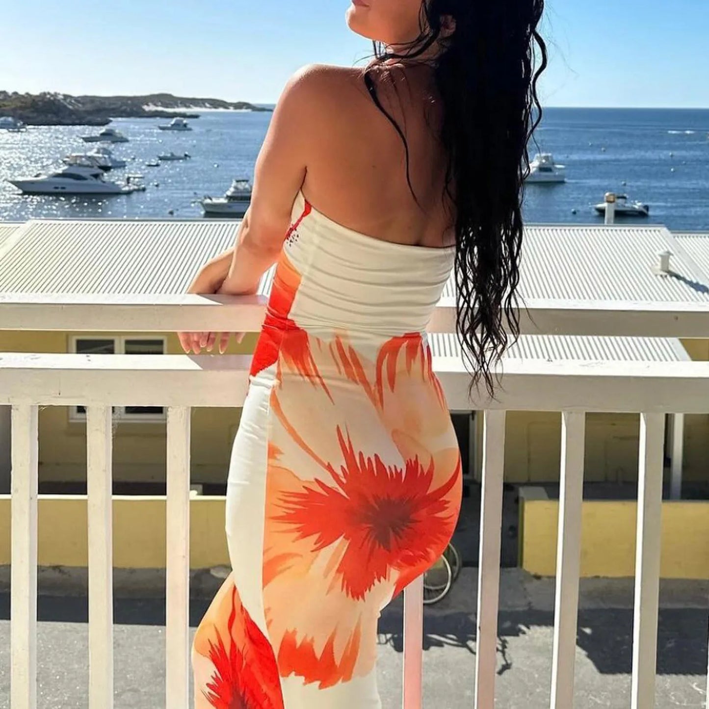 Slim Flower Print Off Shoulder Sleeveless Backless Elegance Dress Women 2024 Bodycon Long Tube Top Dress for Party Club - Seprincess