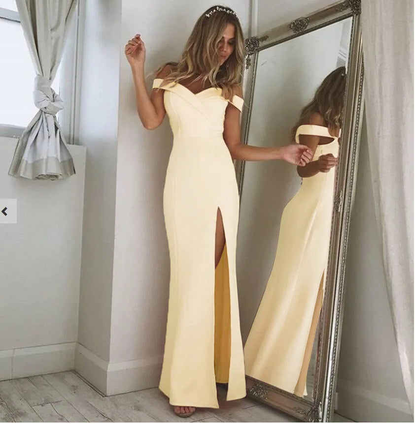 Women Split Bodycon Long Maxi Dress Party Wedding Prom Formal Elegant Solid White Off Shoulder Sleeveless Bandage Cheap Clothes - Seprincess