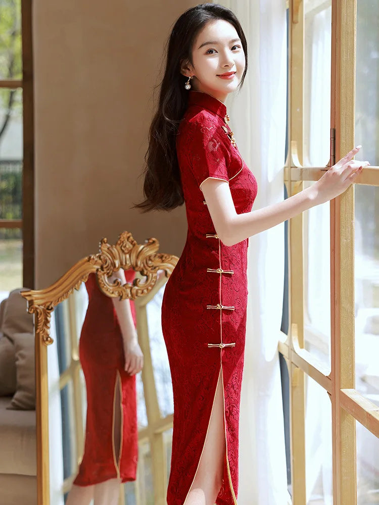 Wine Red Wedding Cheongsam Short Sleeve Vintage Improved Women Summer Lace Dress Slim-fit Elegant Qipao S To XXL Evening Dress - Seprincess