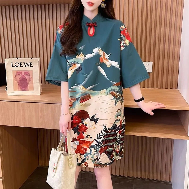 Chinese style modified cheongsam short-sleeved t-shirt women's summer large 300 jins tide design sense of loose fat mm uppe - Seprincess