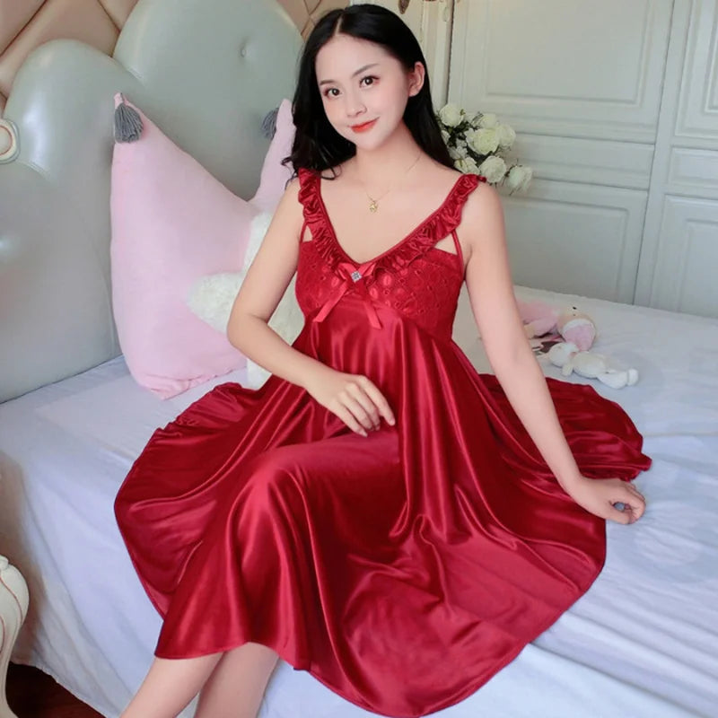 Thin Silk Lady Charming Sleepwear Night Dress Women Sexy Soft Lingerie Spaghetti Strap Home Wear Honeymoon Bride Wedding Nighty